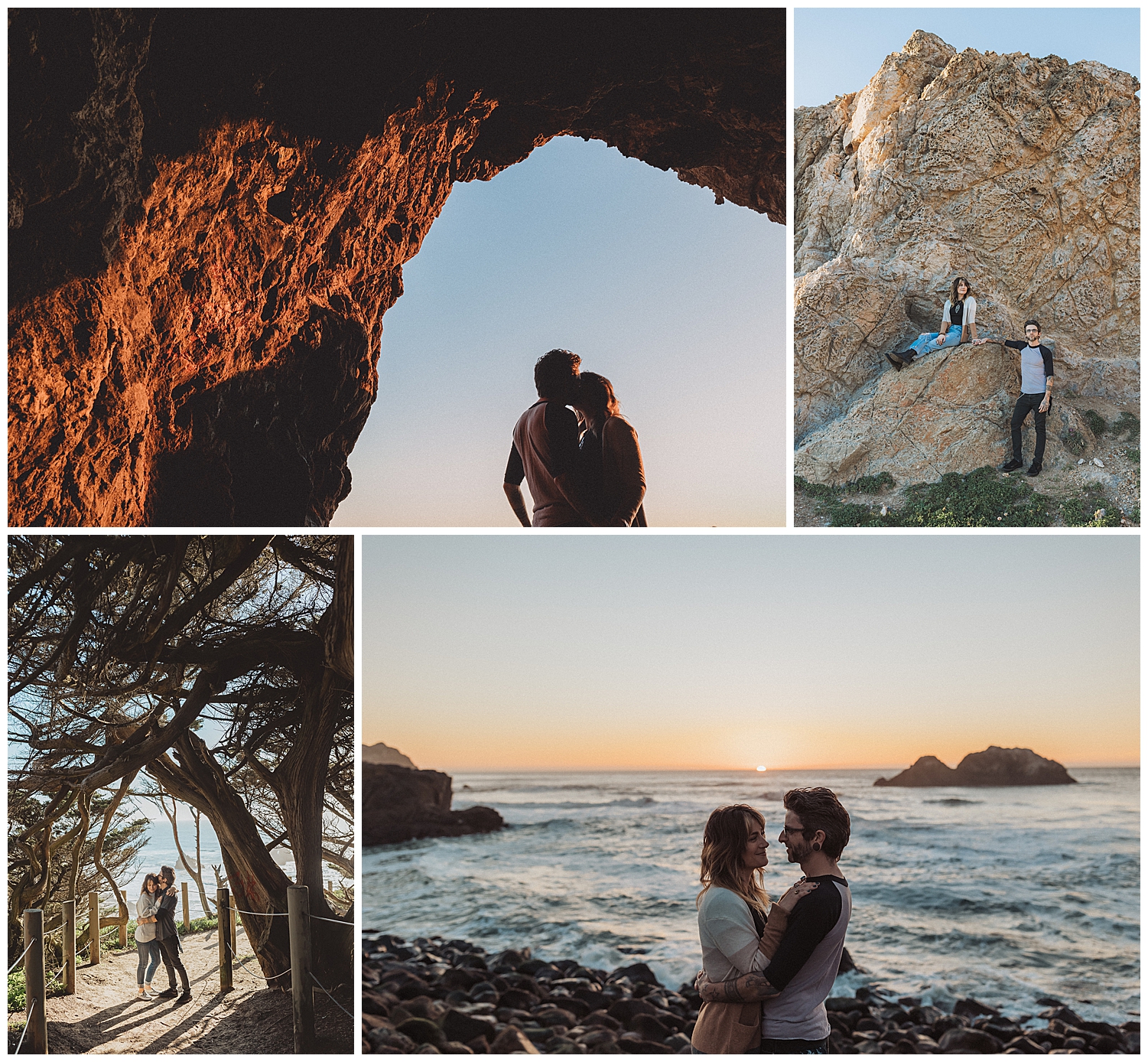 Creative couples engagement photos at Sutro Baths in San Francisco.