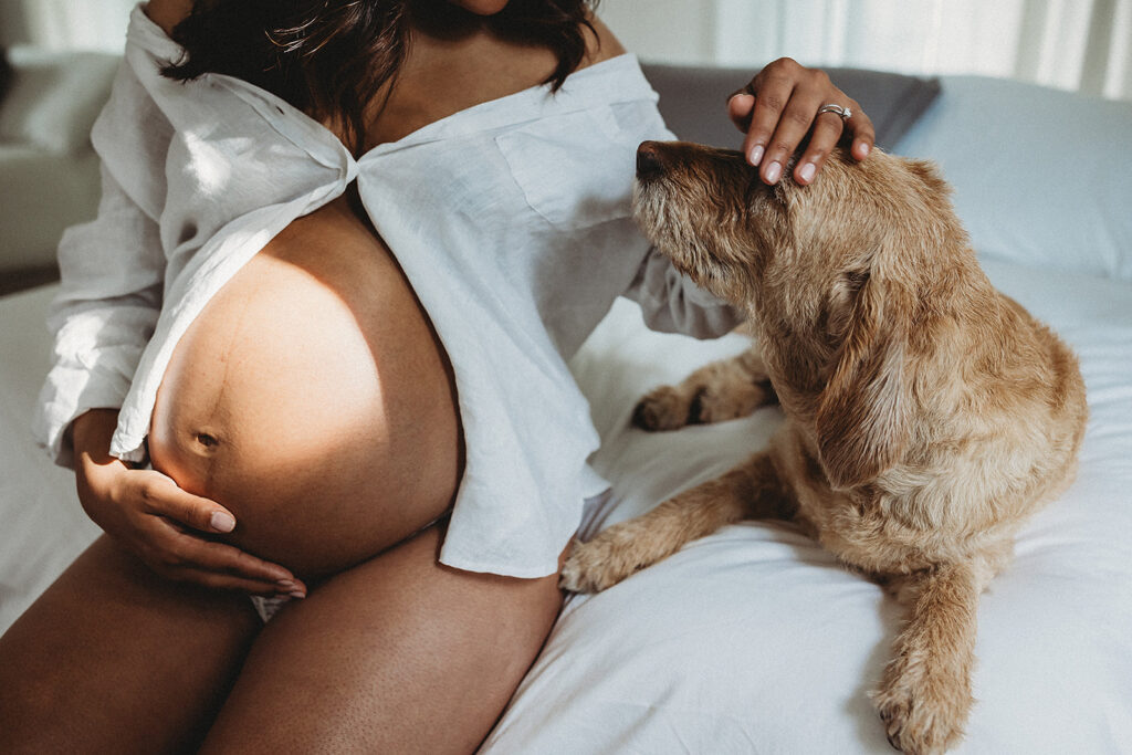 Pregnant mother sitting on bed and petting dog at home.