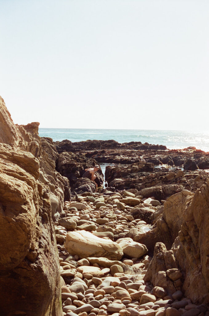 Girl leaning over tide pools on a rocky coast line near Cambria, California.